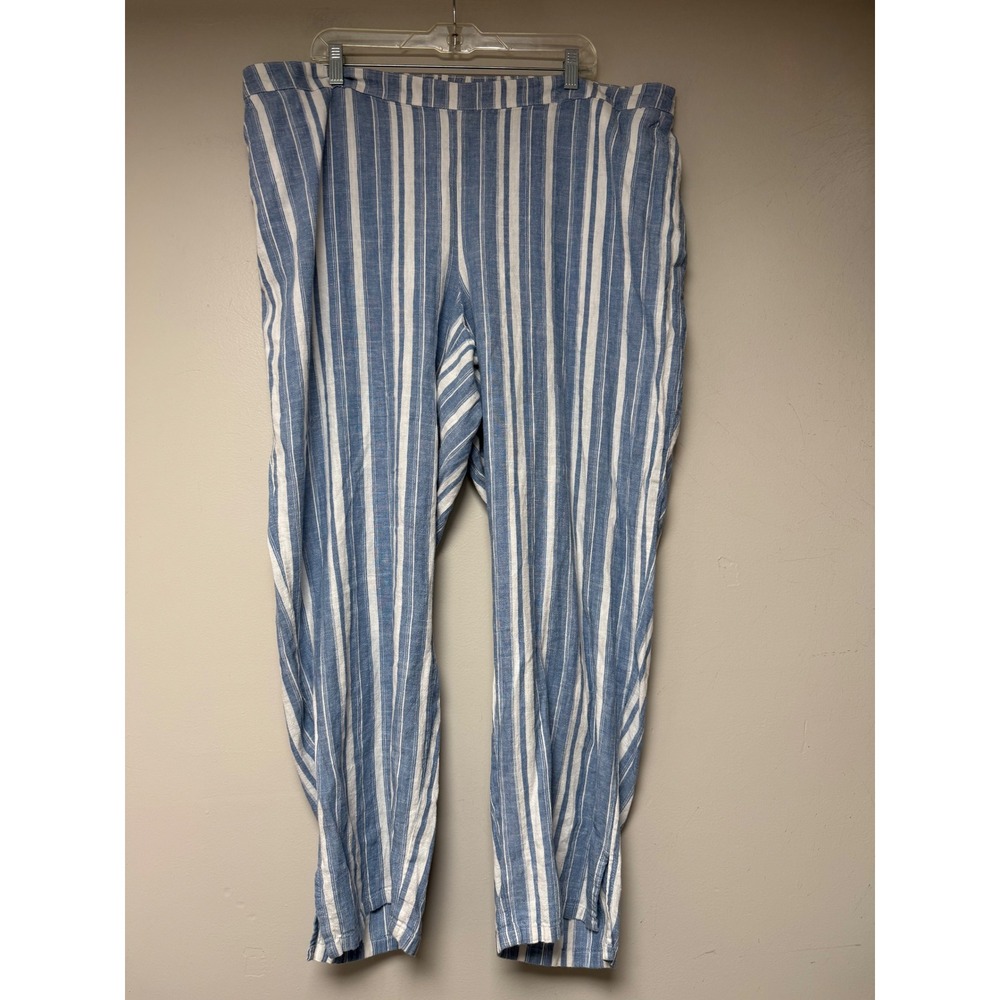 Catherines Striped Linen Blend Pants Blue White‎ Wide Leg Casual Plus Size 22W